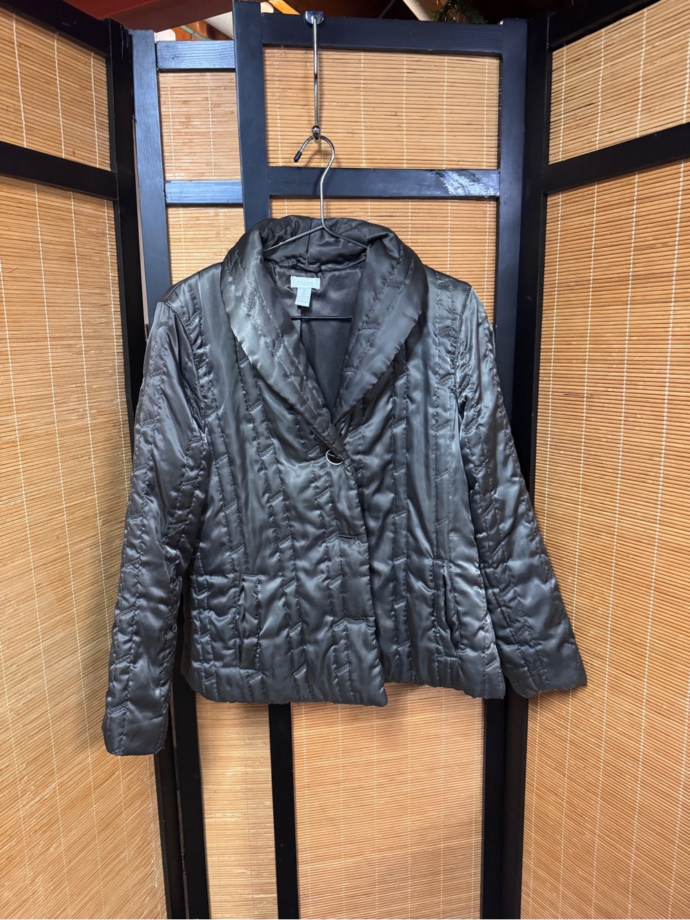 Chico's Pewter Metallic Quilted Satin Shawl Collar Blazer Jacket Size 2 L